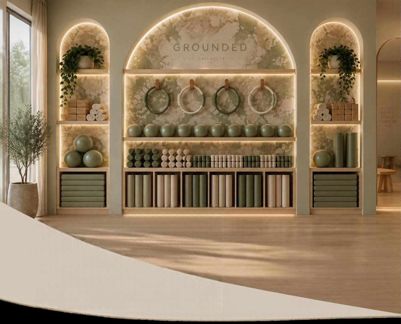 Grounded Pilates studio design concept with arched shelving and wellness equipment